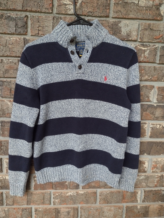 Polo Ralph Lauren Other - Polo Ralph Lauren Sweater Boys L(14-16) Blue Gray Pull Over Striped Red Pony